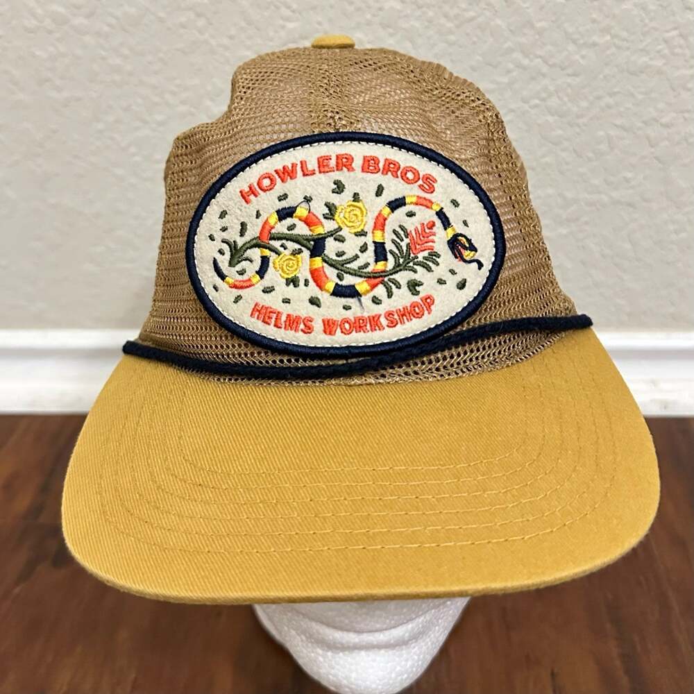 HOWLER BROS Helms Workshop Cap Hat Mustard Yellow Snake Trucker Snapback Camping